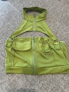 Olive Green Utility Halter Zip Crop Top